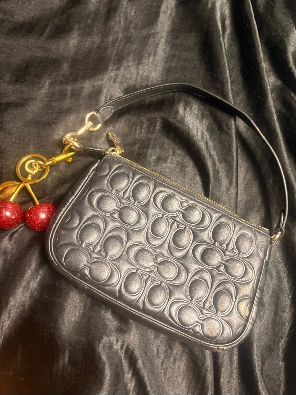 Coach Black Quilted Signature Leather Wristlet with Gold Accents